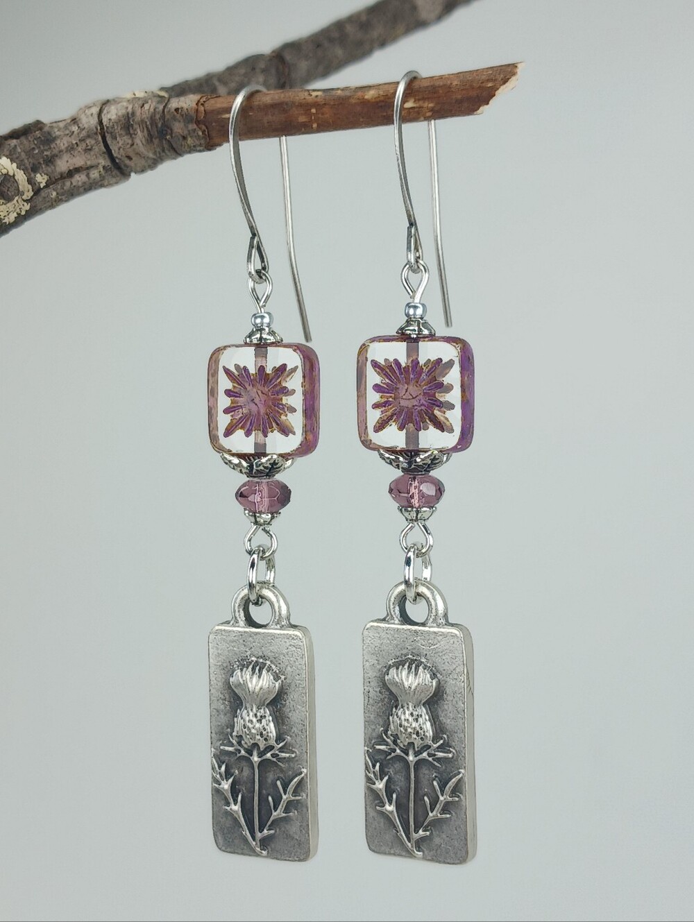 Scottish Thistle Earrings Purple Czech Glass Highland Jewelry Hand Crafted - Picture 3 of 6